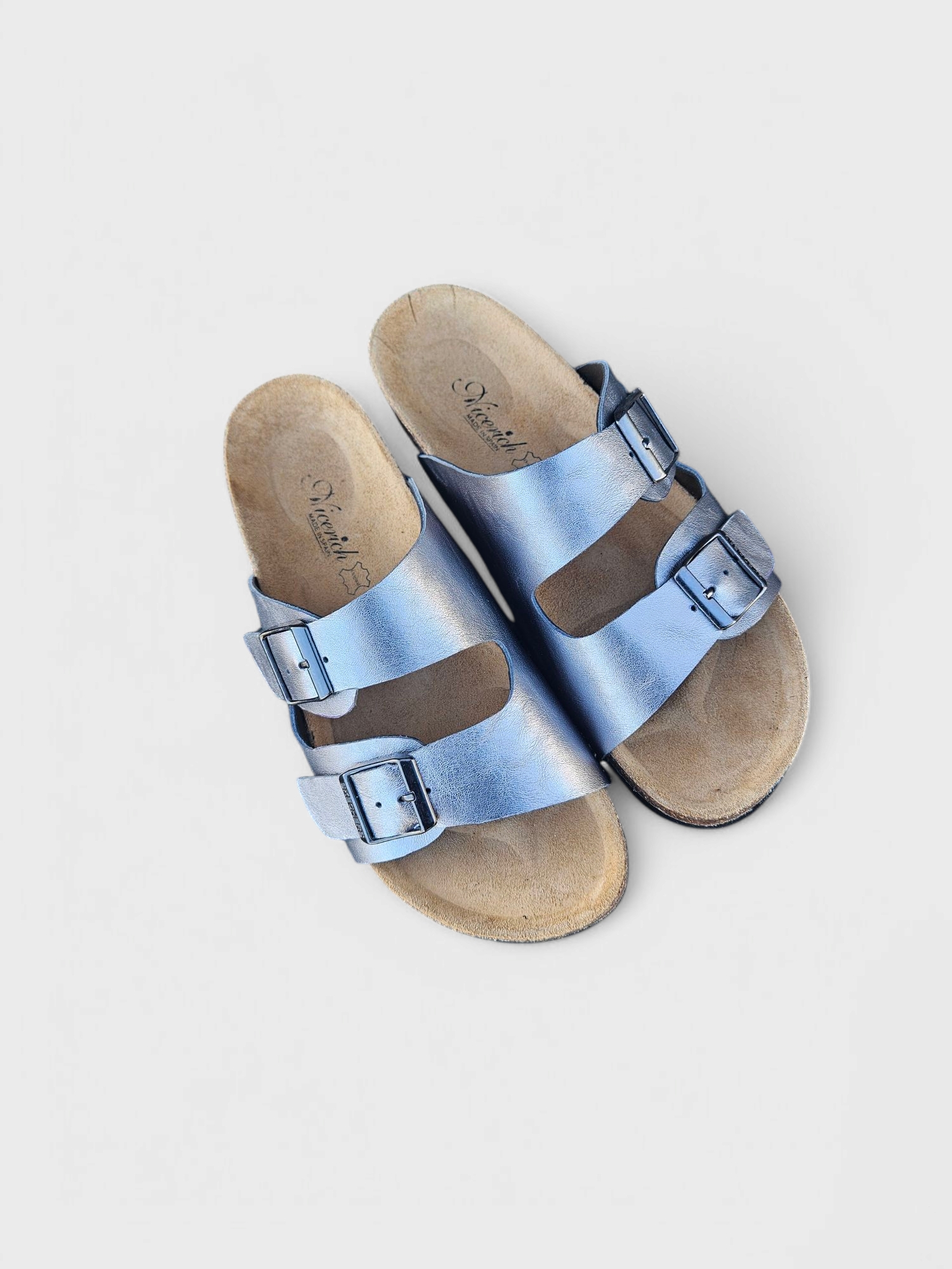 Classic Double-Buckle Leather Slide Sandals – Silver